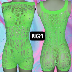 Full Crystal Fishnet Rompers with Scrunch