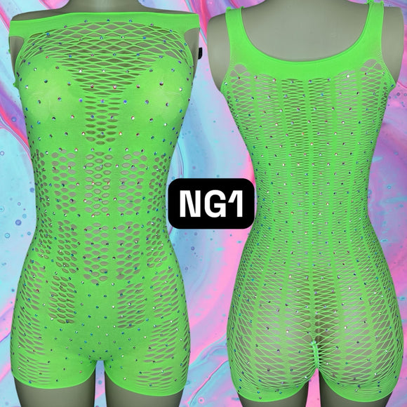 Full Crystal Fishnet Rompers with Scrunch