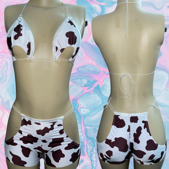 BELLA Short Sets Exotic Dancewear Outfit & Rave Outfit - COW PRINT