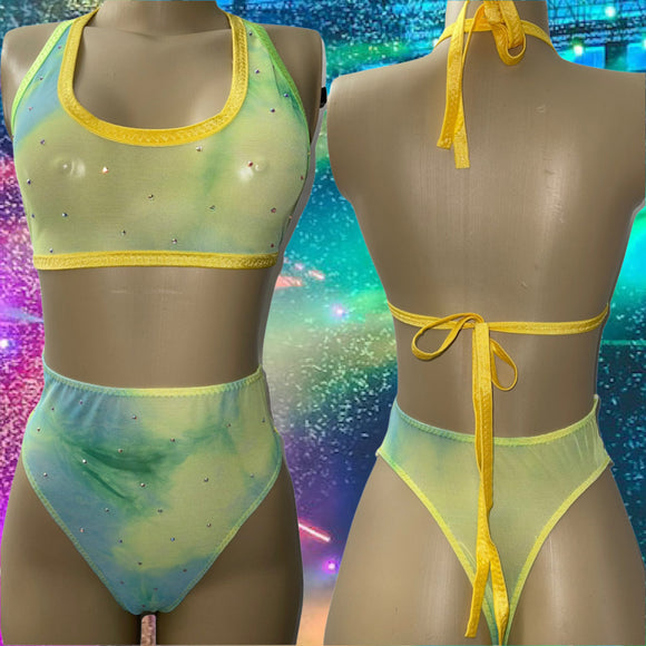 ‼️CLOSEOUT‼️ KIKI High Waist Thong Back Exotic Dancewear Outfit & Rave Outfit - Sheer Mesh